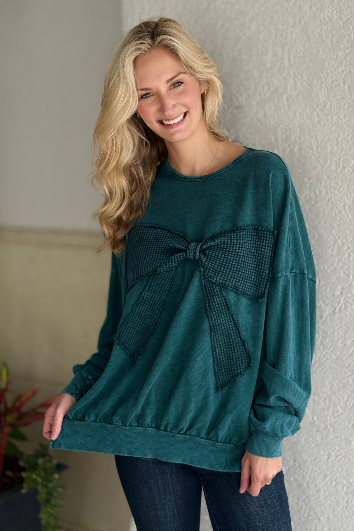 Waffle Bow Terry Sweatshirt in Midnight Green front view