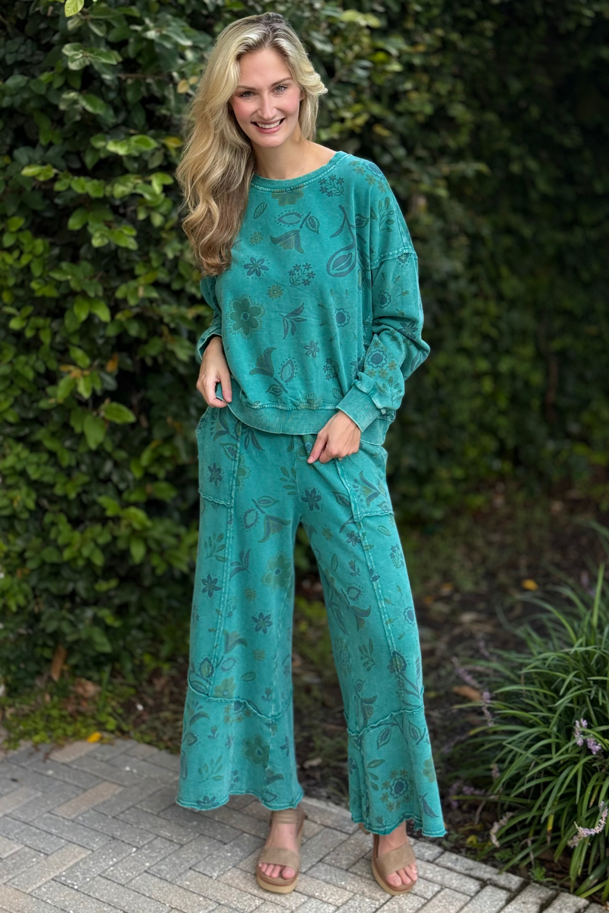 Model wearing floral washed wide leg terry pants with drawstring waist – Meadow Breeze Pant