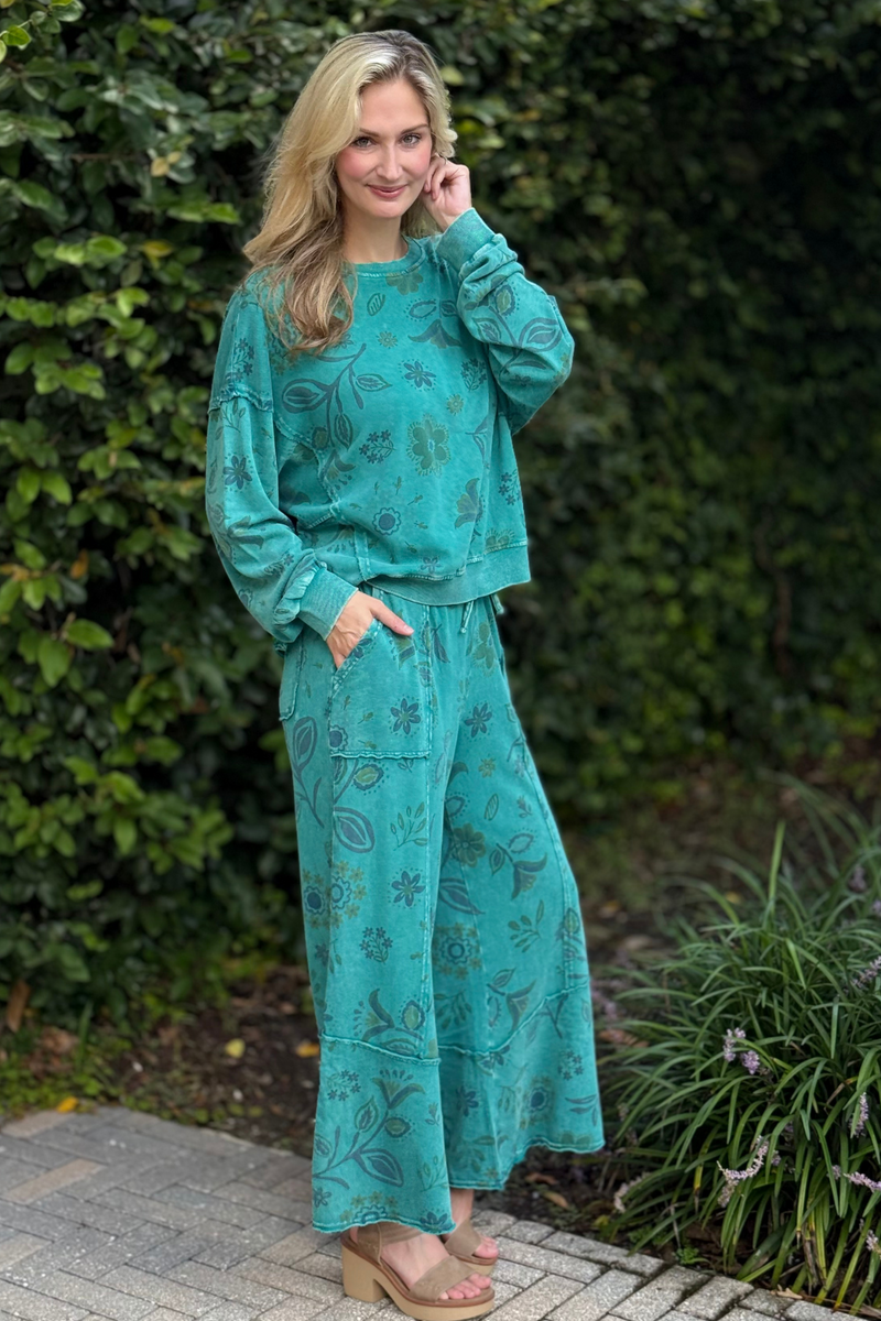 Model wearing floral washed wide leg terry pants with drawstring waist – Meadow Breeze Pant