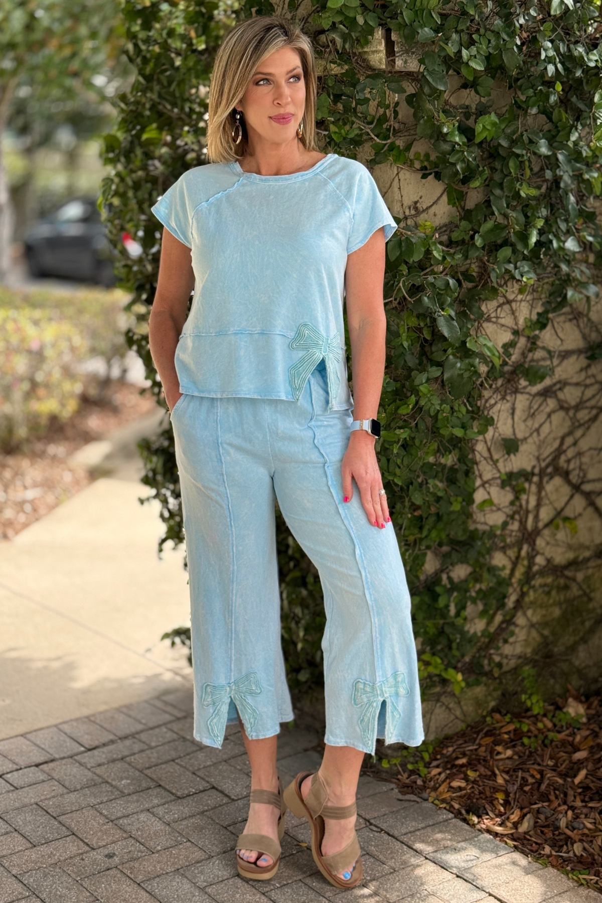 bow trim front slit top and pants set