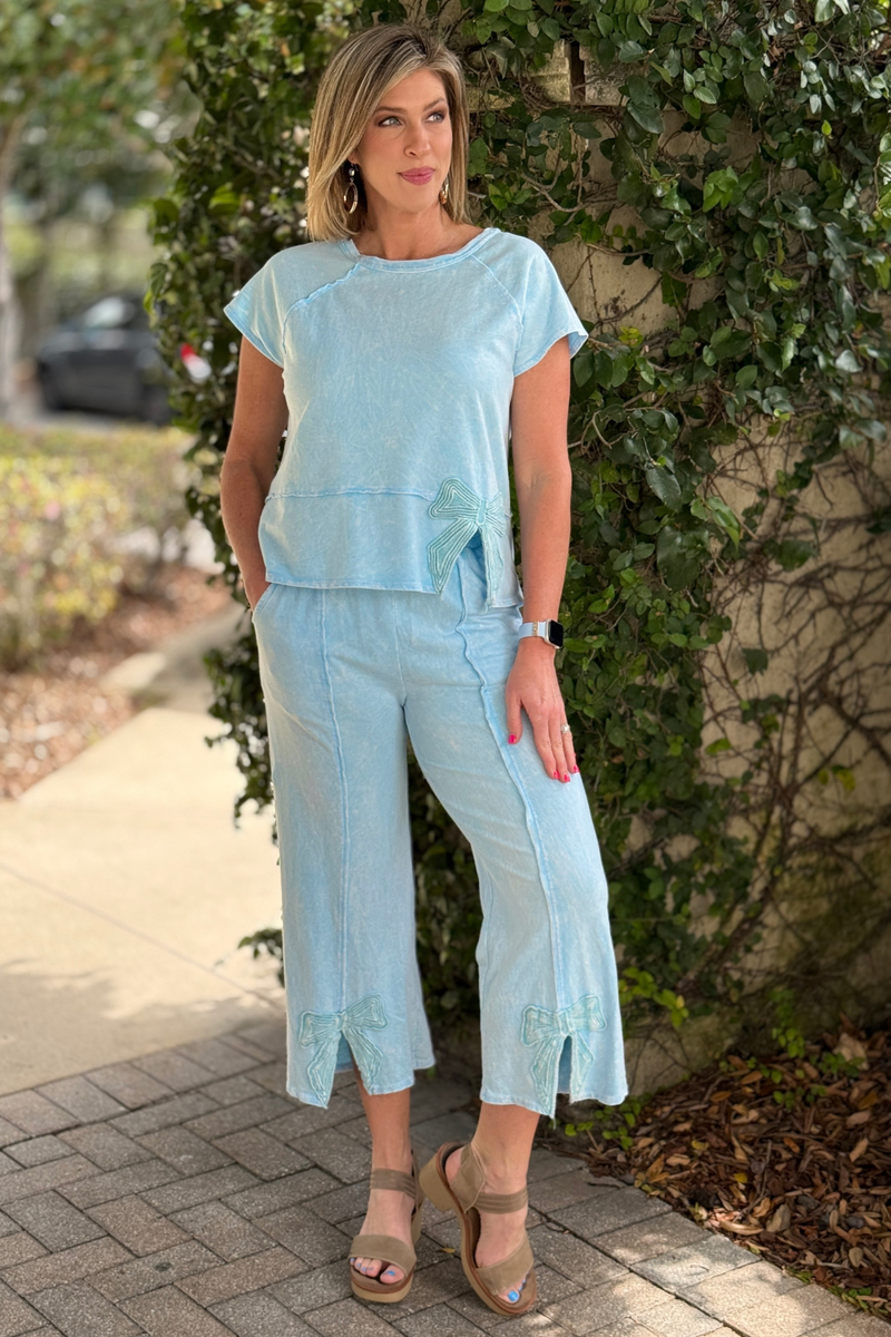 bow trim front slit top and pants set