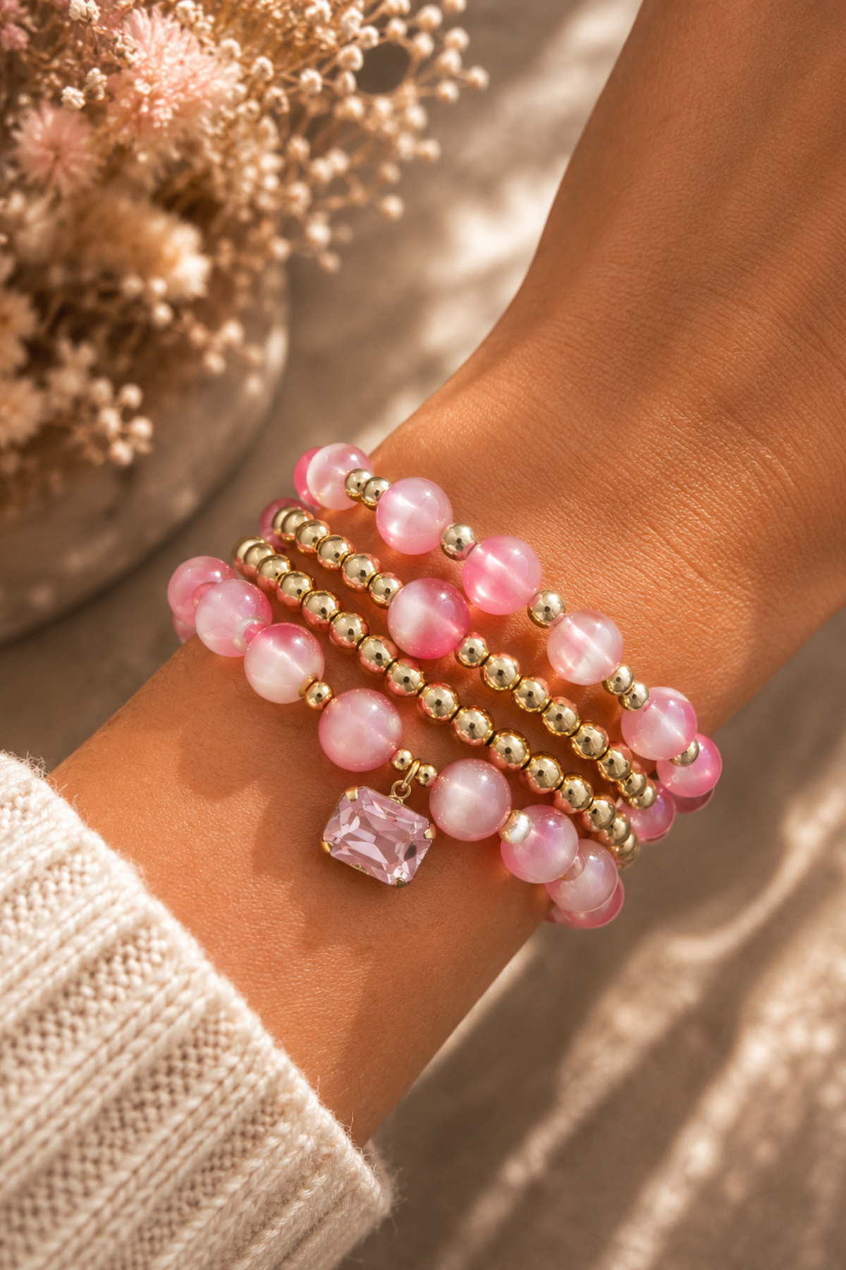 Pretty in Pink three-piece pink and gold beaded bracelet set