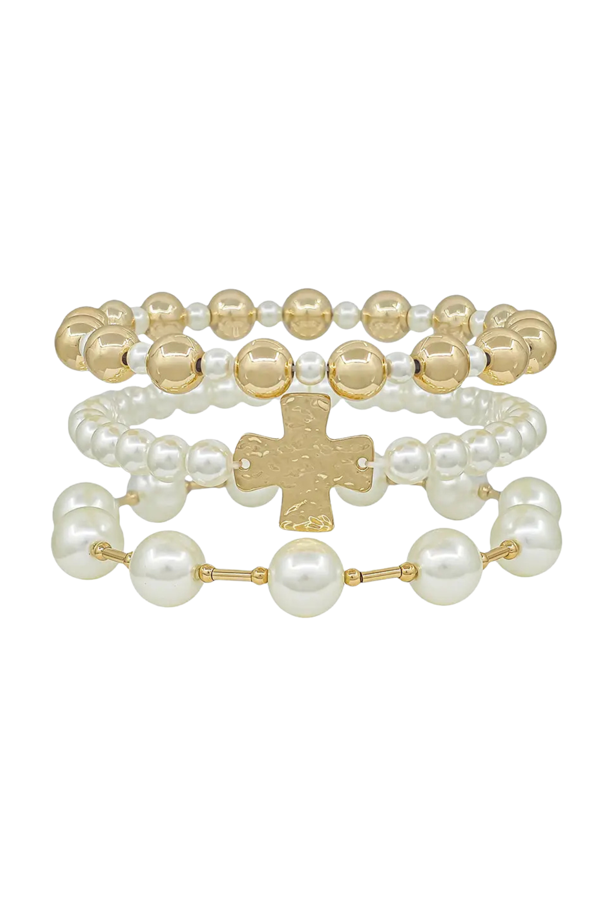 Gold and pearl stretch bracelet set with cross charm