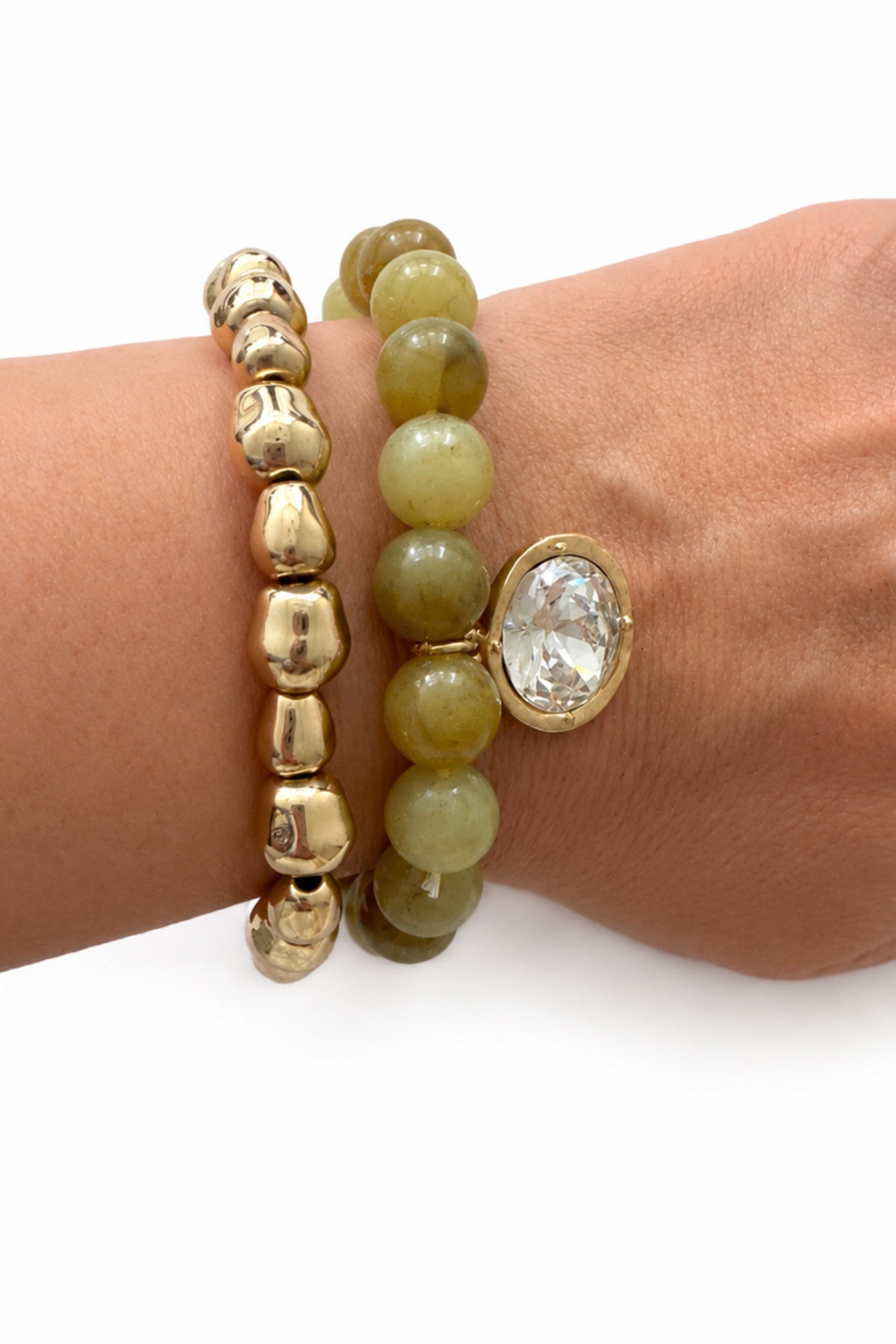 Set of two women's stretch bracelets with gold beads and crystal coin charm