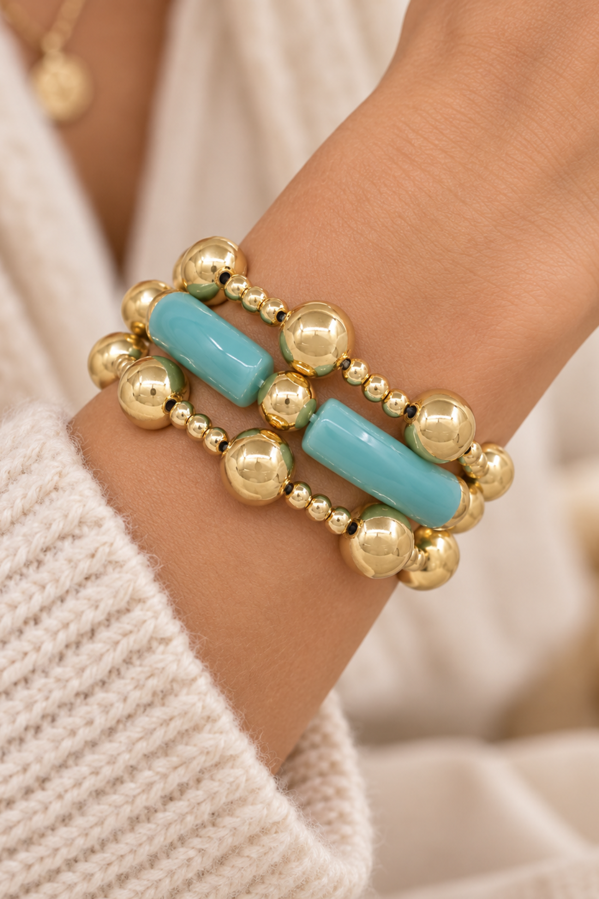 Mint and gold beaded stretch bracelet set
Gold bead bracelets with mint acrylic tube accents
Stackable mint green and gold stretch bracelets
Women’s mint acrylic and gold bead bracelet set
Boutique gold and mint statement bracelets