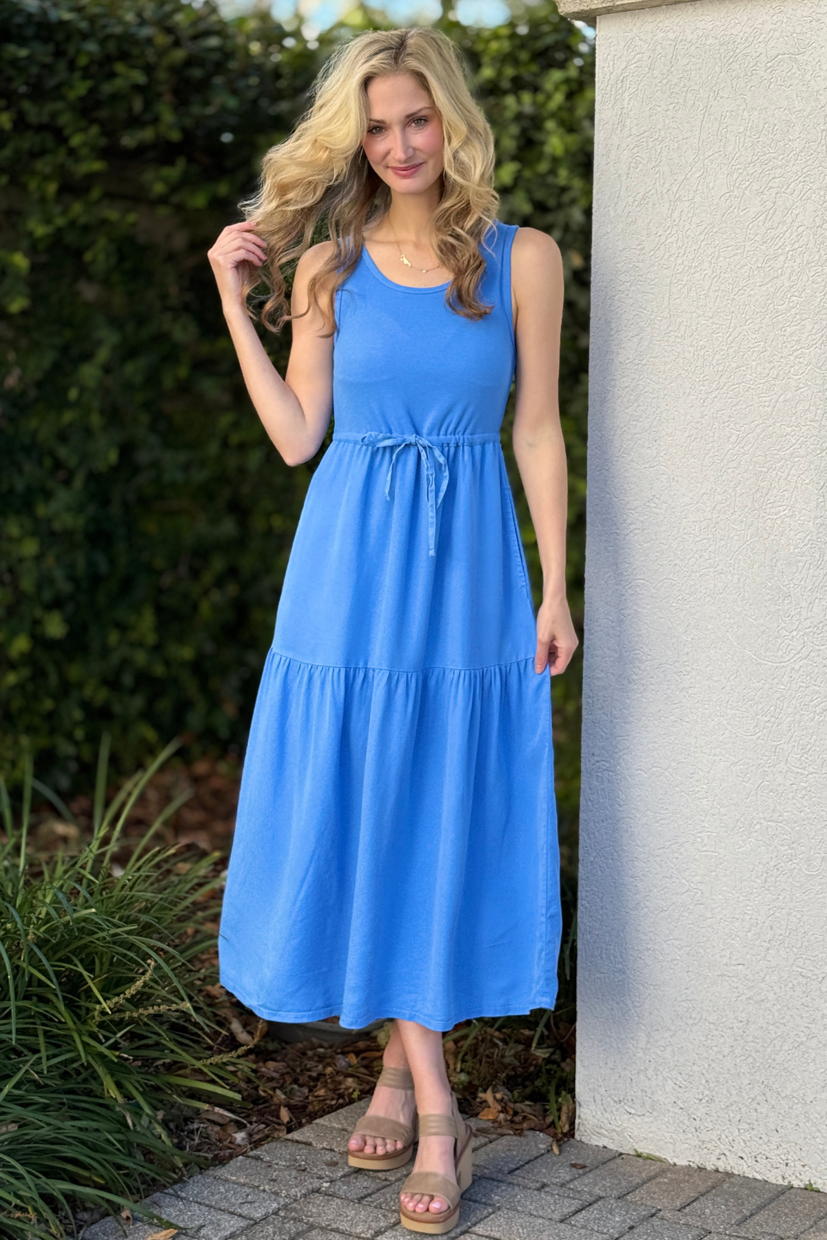 Tribal sky blue mixed media sleeveless maxi dress front view