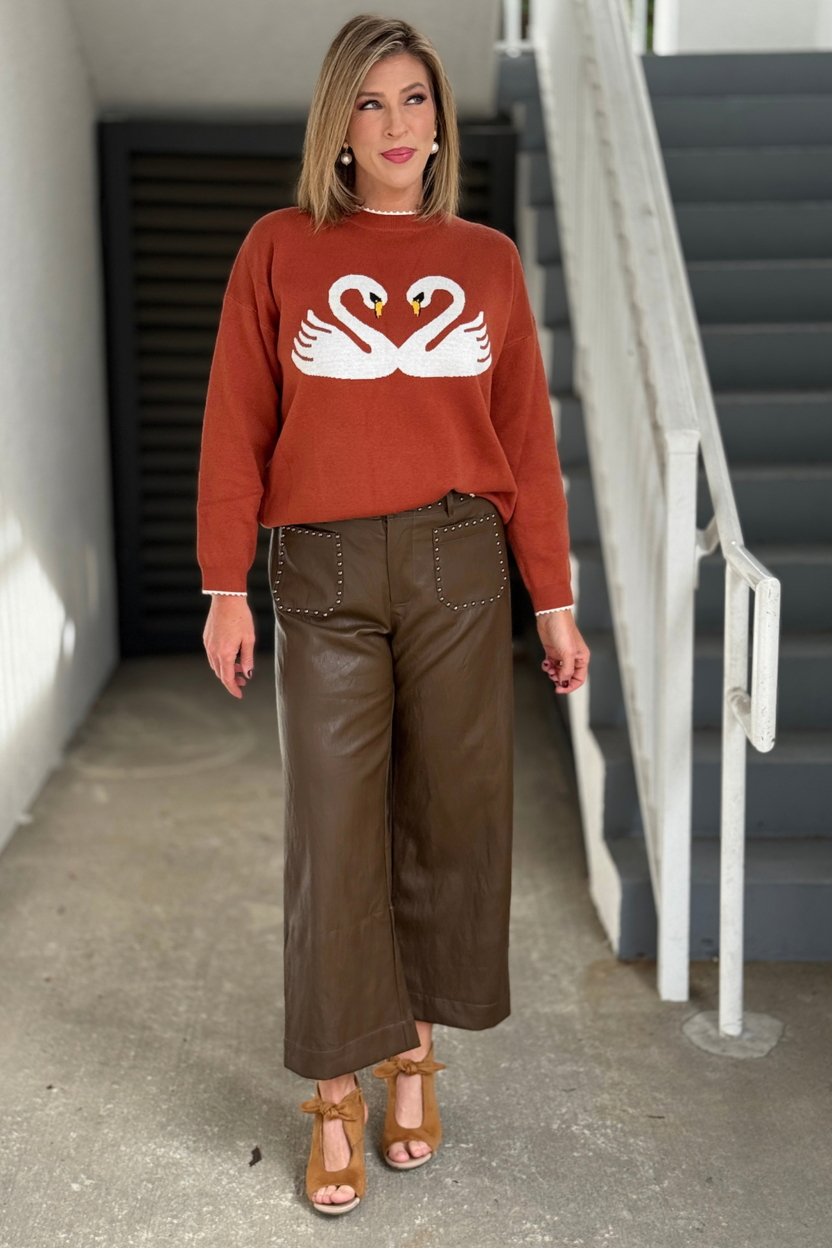 High waist brown vegan leather wide leg pants  