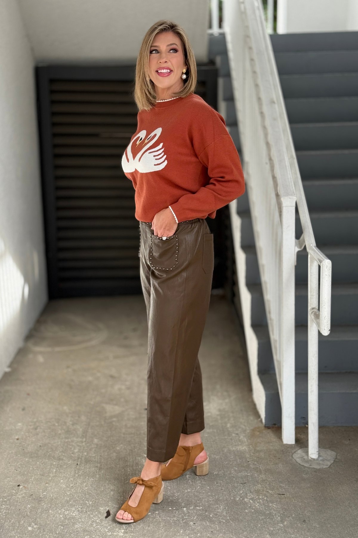 Brown faux leather trousers with elastic back waistband  