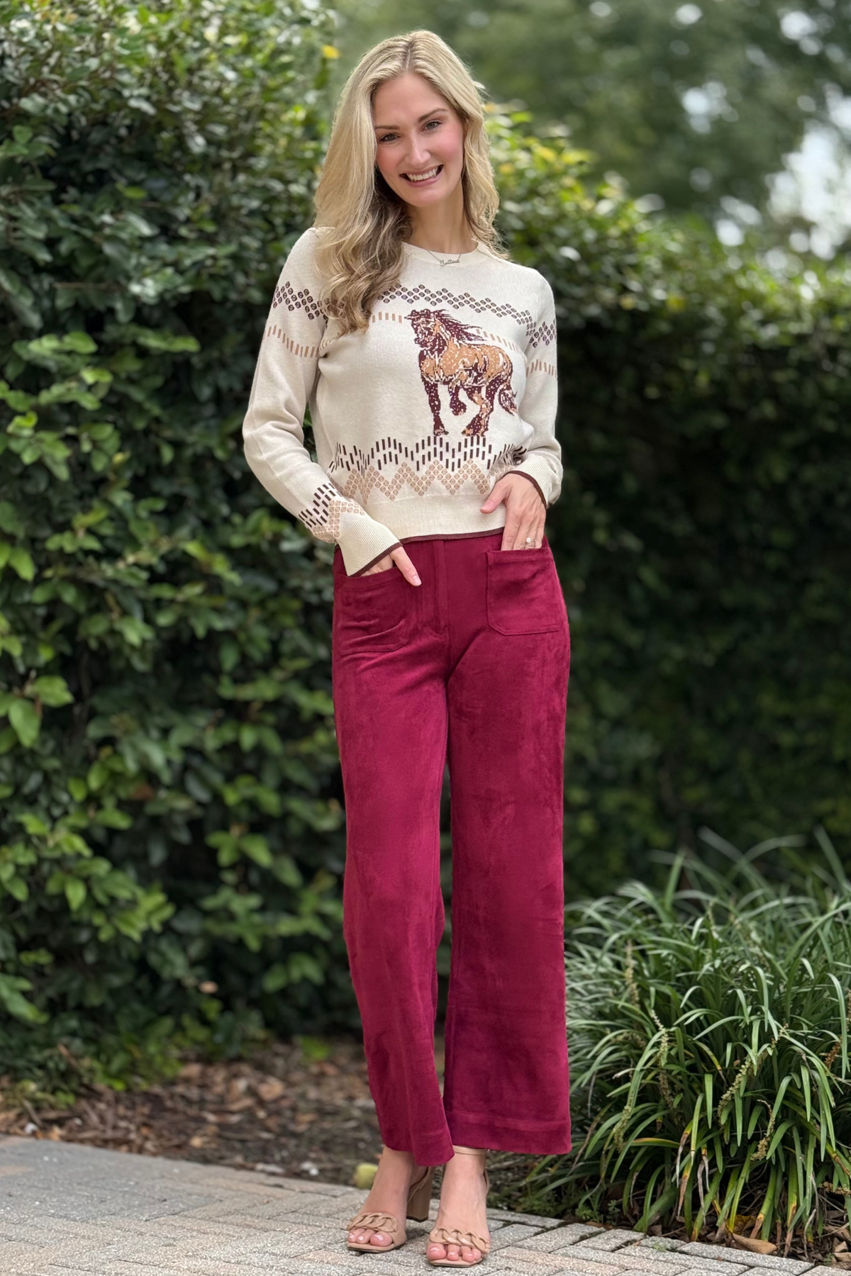 Back view of Faux Suede Wide Leg Pants in Burgundy
