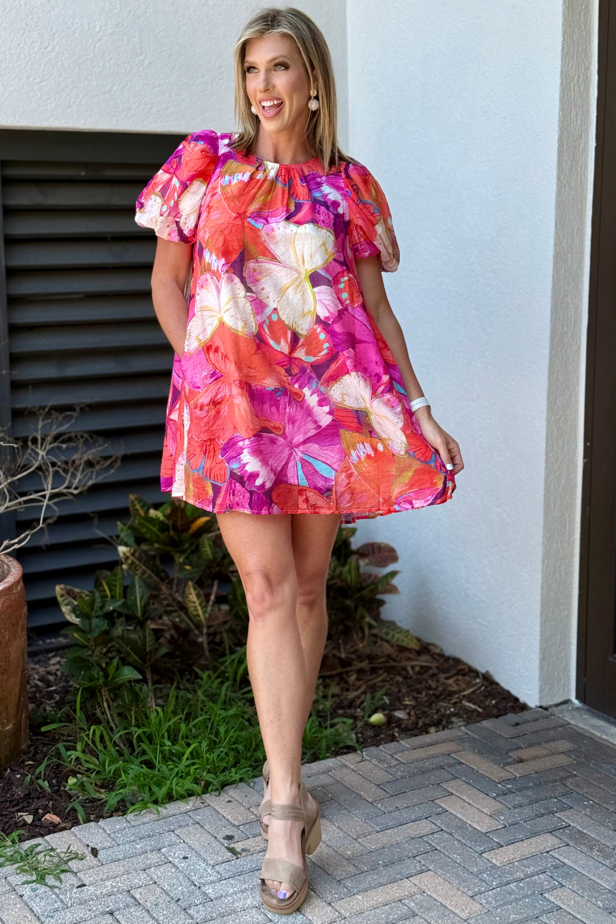 Butterfly Breeze Tropical Print A-Line Mini Dress