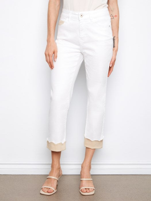 Charlie B White Cropped Twill Jeans with Scalloped Contrast Cuff