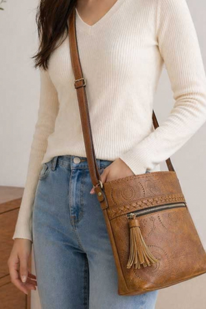 Woven Detail Laser-Cut Crossbody Bag – Saddle