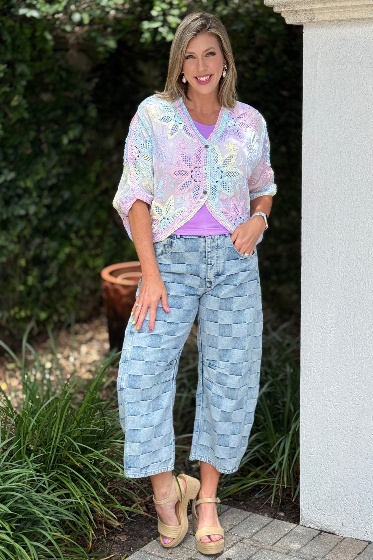 Pastel rainbow crochet oversized cardigan front view