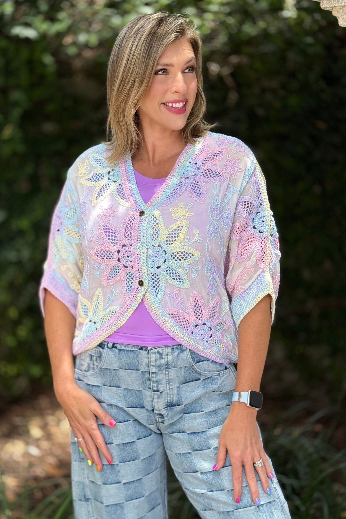 Women's batwing sleeve crochet cardigan in pastel colors