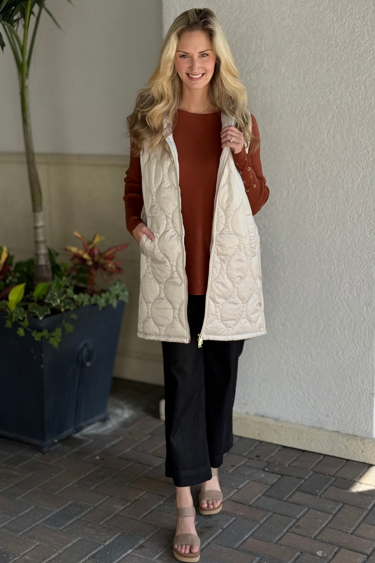 Charlie B Pearlized Elegance Hooded Long Vest in Champagne
