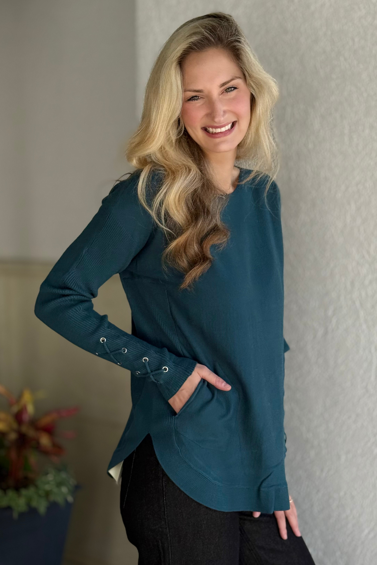 Fall in style—Charlie B’s Lace-Up Elegance Knit Sweater in Evergreen is your go-to for chic, effortless layering