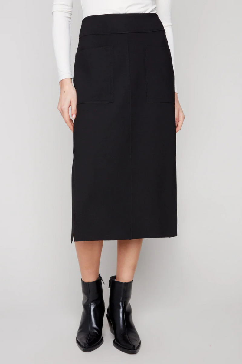 Modern elegance meets everyday practicality—Charlie B’s Gutsy Crepe Midi Skirt in Black is your fall wardrobe essential.
