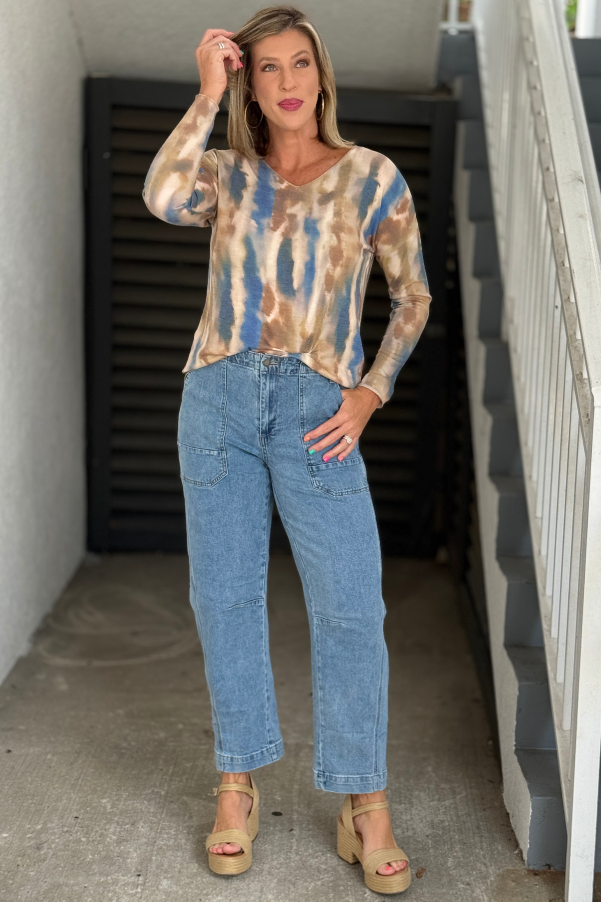 Charlie B Patch Pocket Barrel Leg Jeans in denim blue