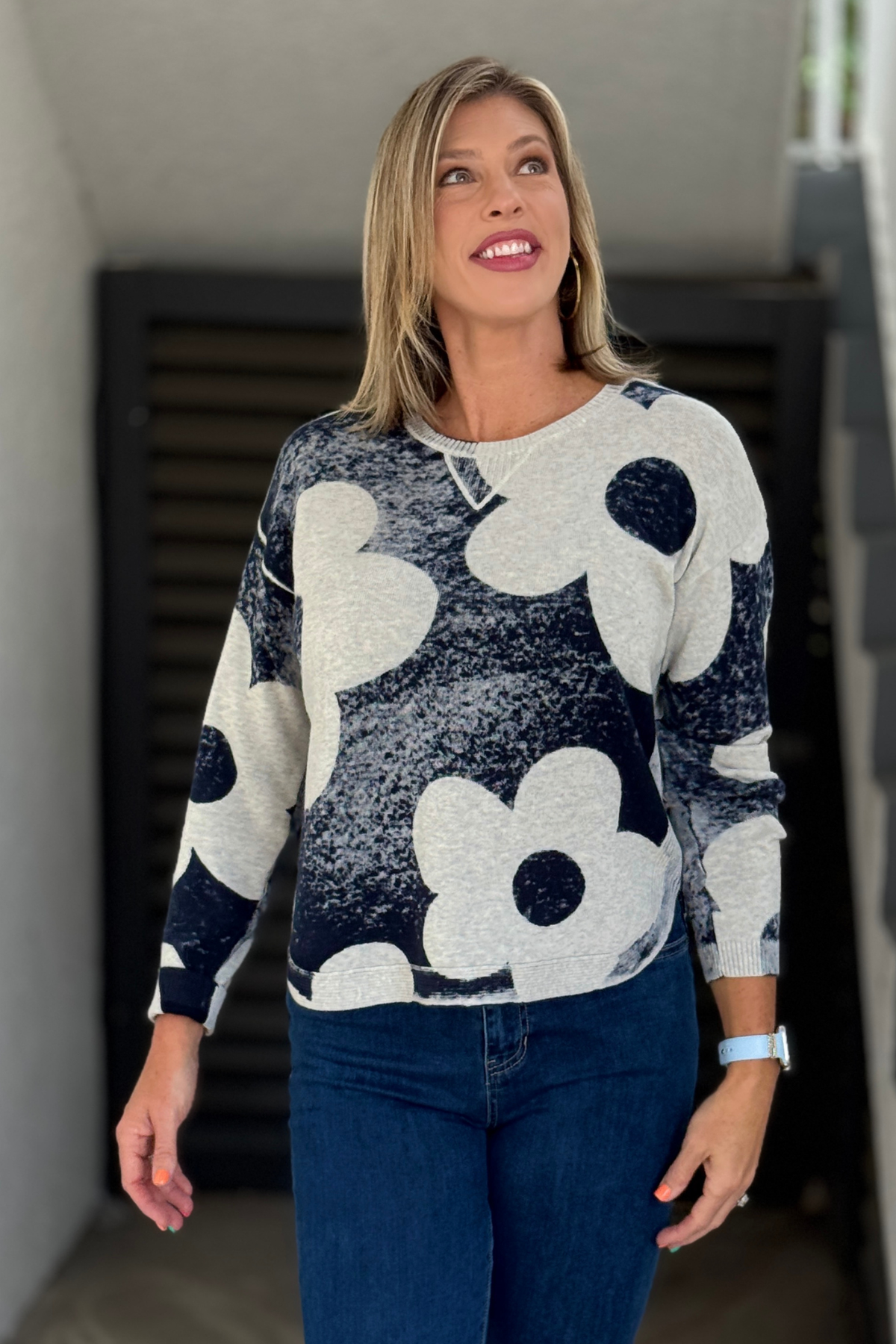 Charlie B Reversible Bold Floral Sweater in Navy