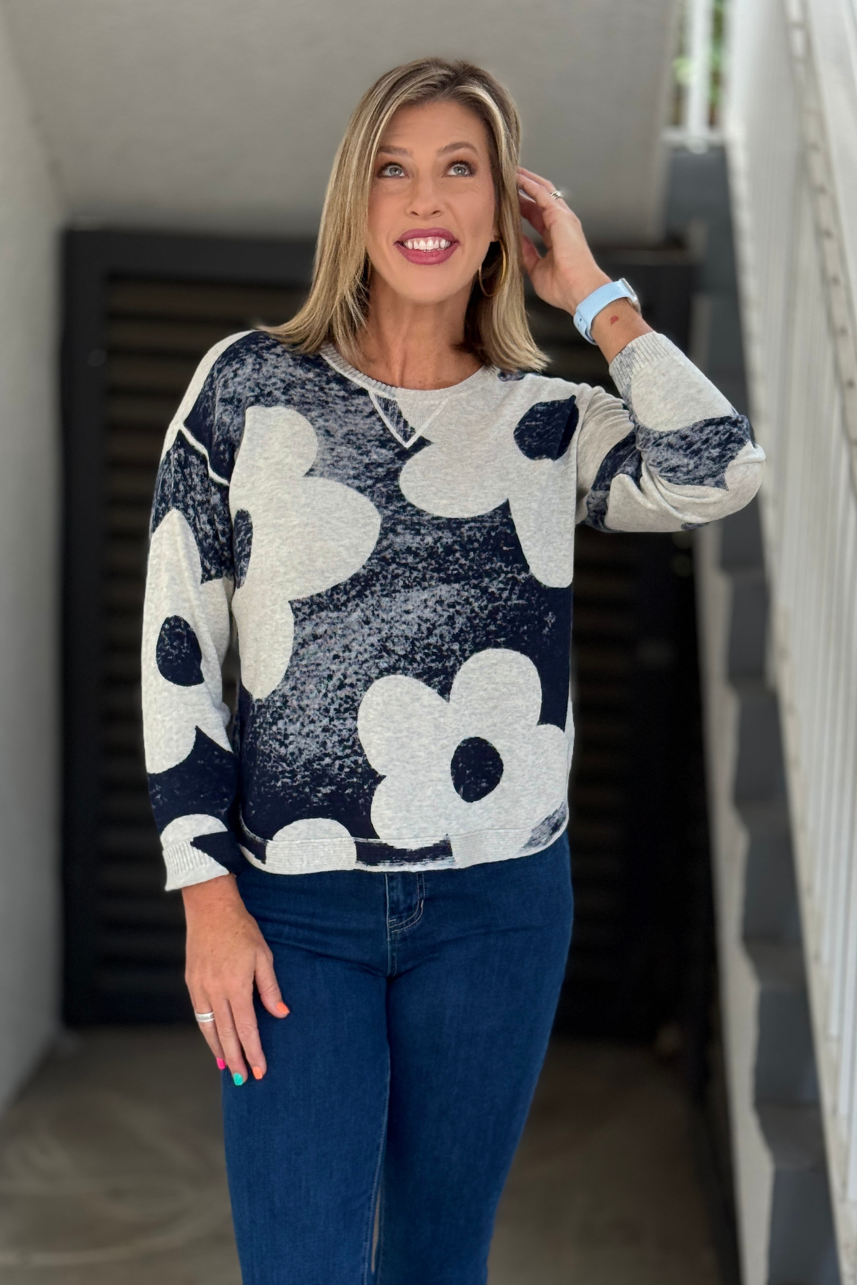 Charlie B navy reversible sweater with oversized floral print