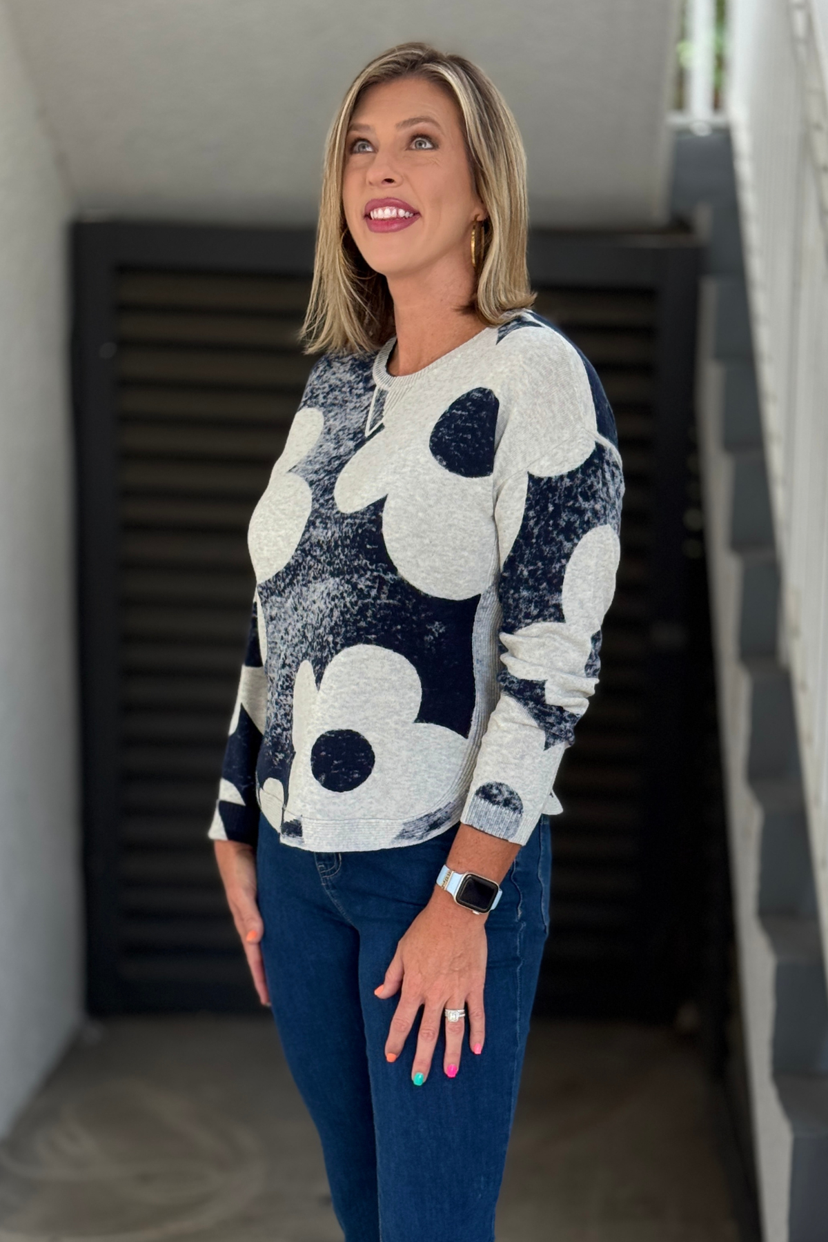 Charlie B oversized floral crew neck sweater in navy