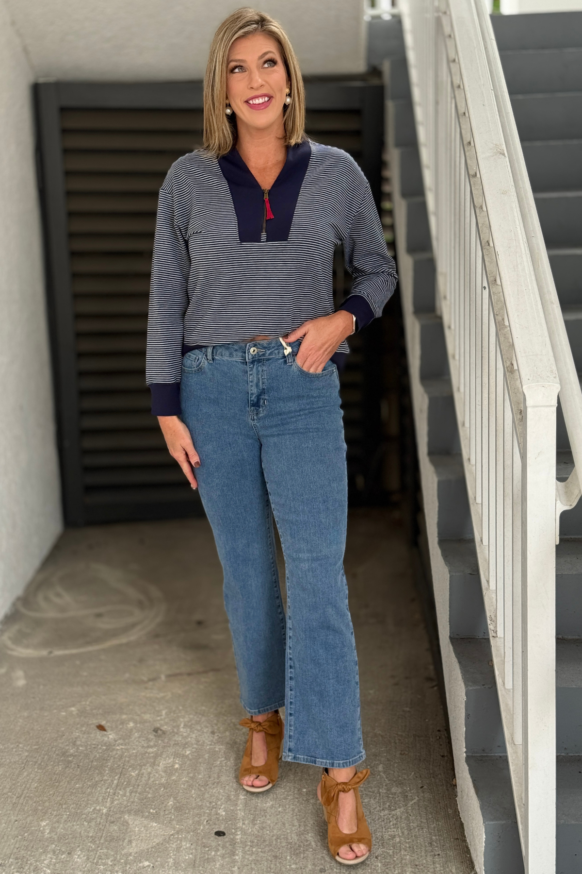 Women’s denim blue corduroy straight leg pants by Charlie B
