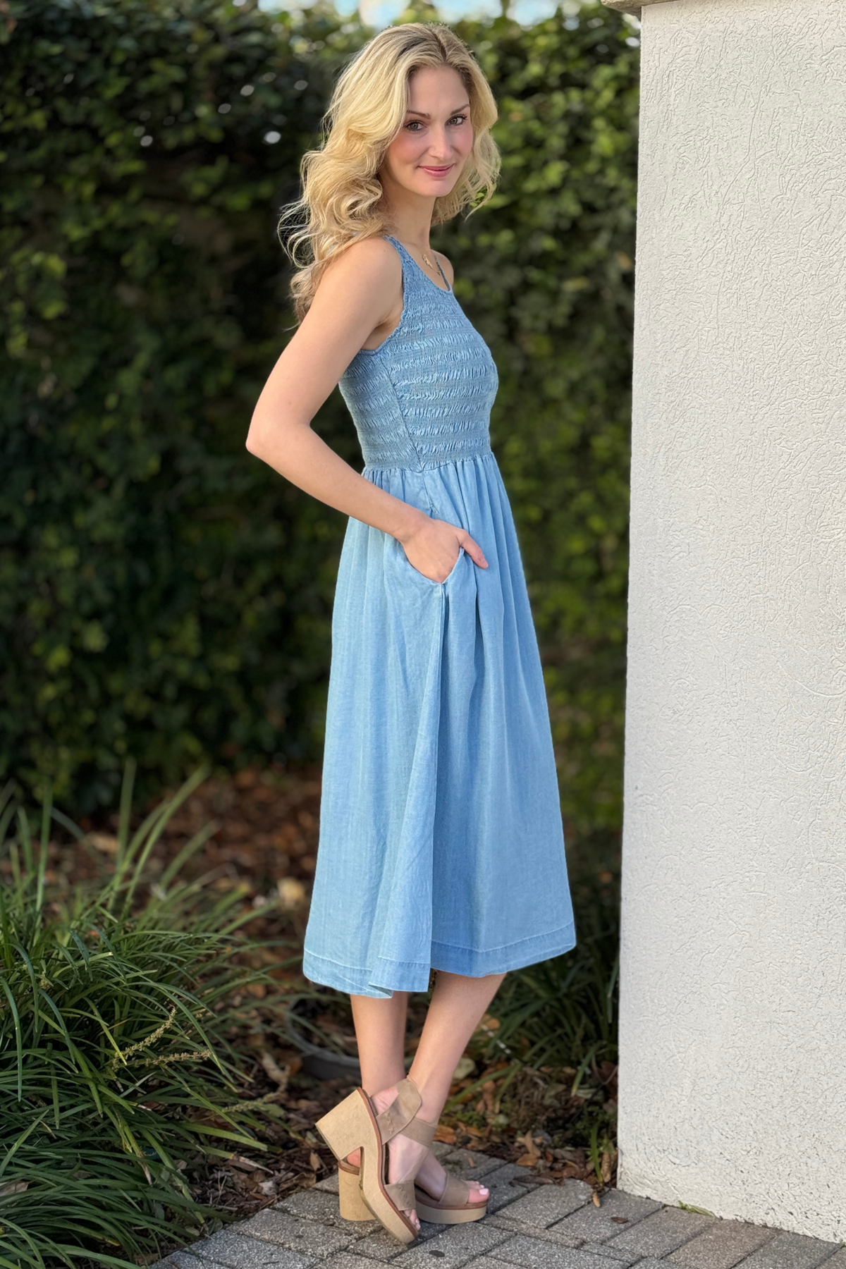 Tencel Sleeveless Smocked Maxi Dress in Soft Blue Women's Clothing Boutique | The Pink Nickel Tencel Sleeveless Smocked Maxi Dress in Soft Blue Women's Clothing Boutique | The Pink Nickel