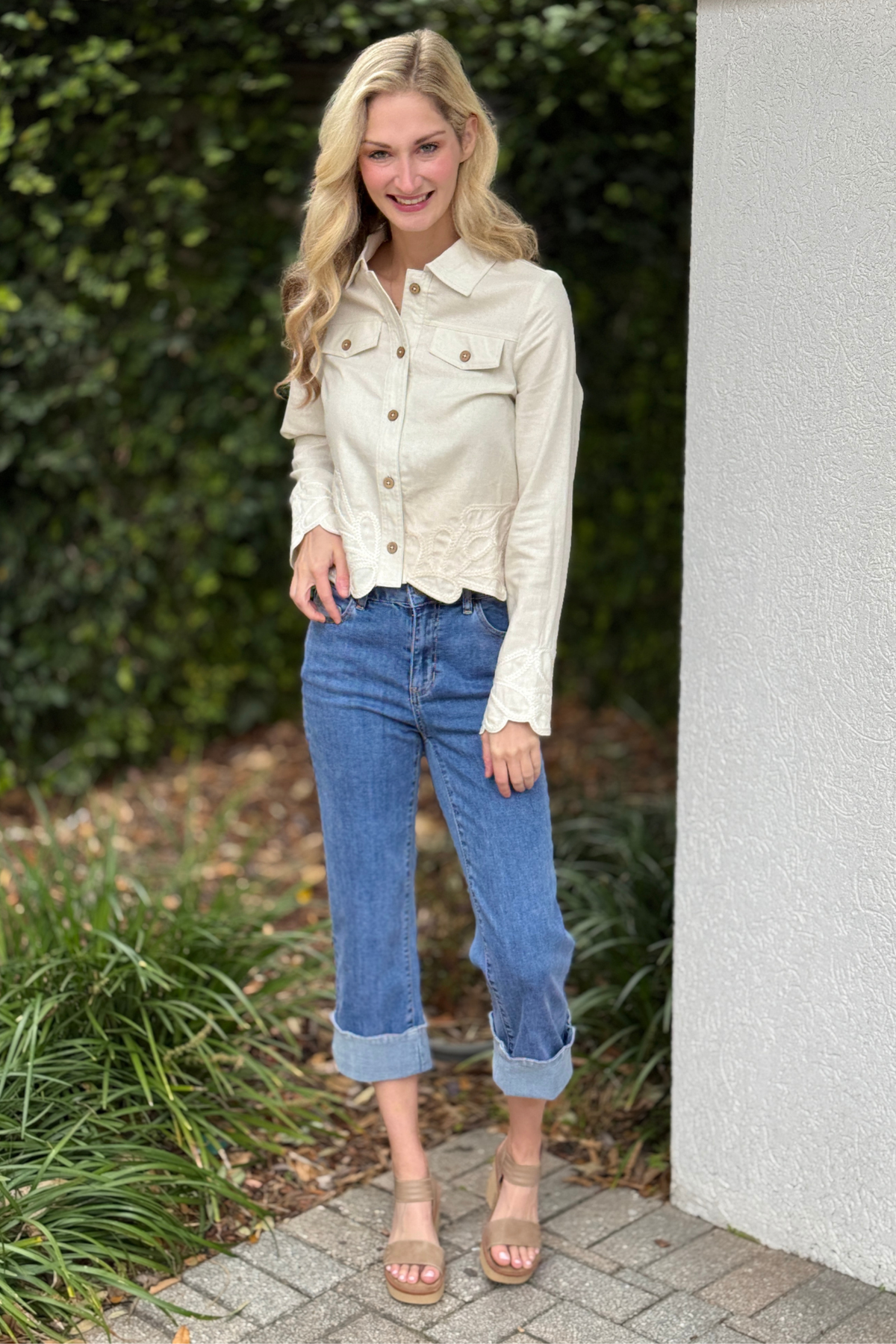 Charlie B medium wash straight leg jeans with cuff detail