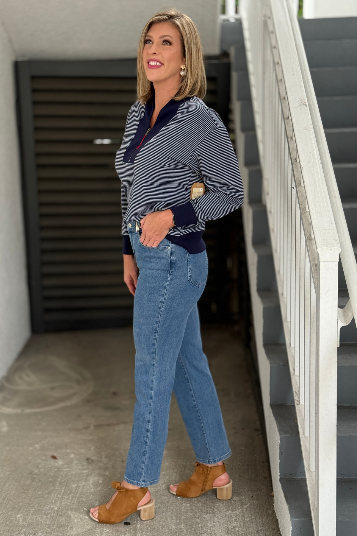 Charlie B Corduroy Straight Leg Pants in Denim front view