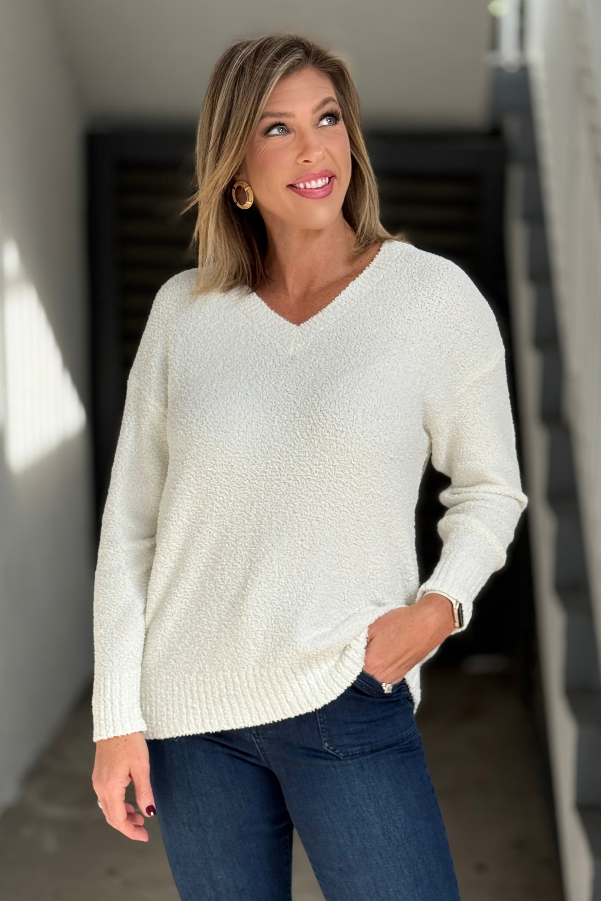 Charlie B ecru bouclé V-neck sweater for women
