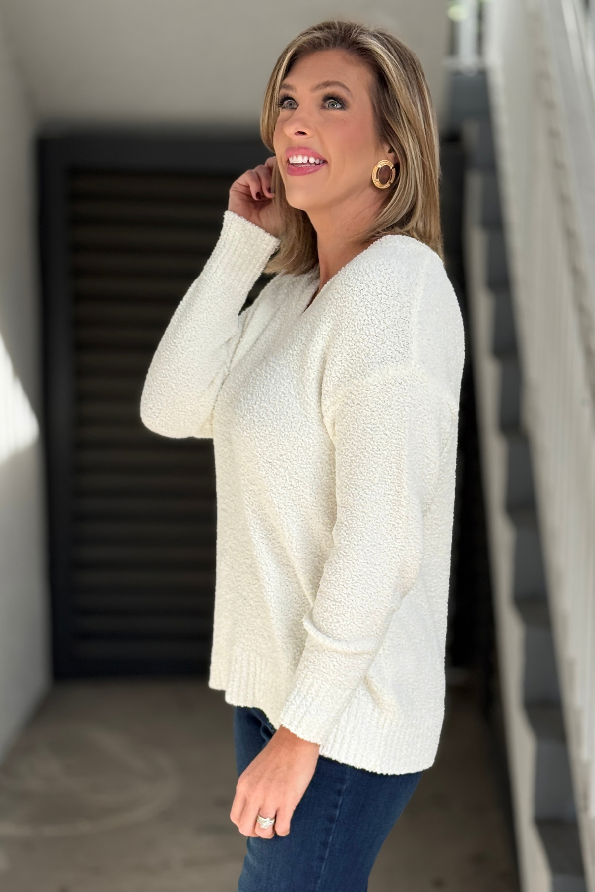Charlie B long sleeve V-neck sweater with drop shoulders