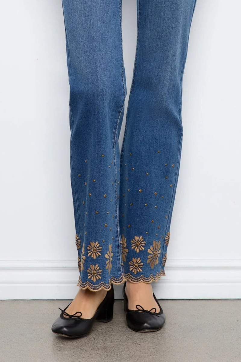 Women’s floral embroidered flare jeans with studded hem