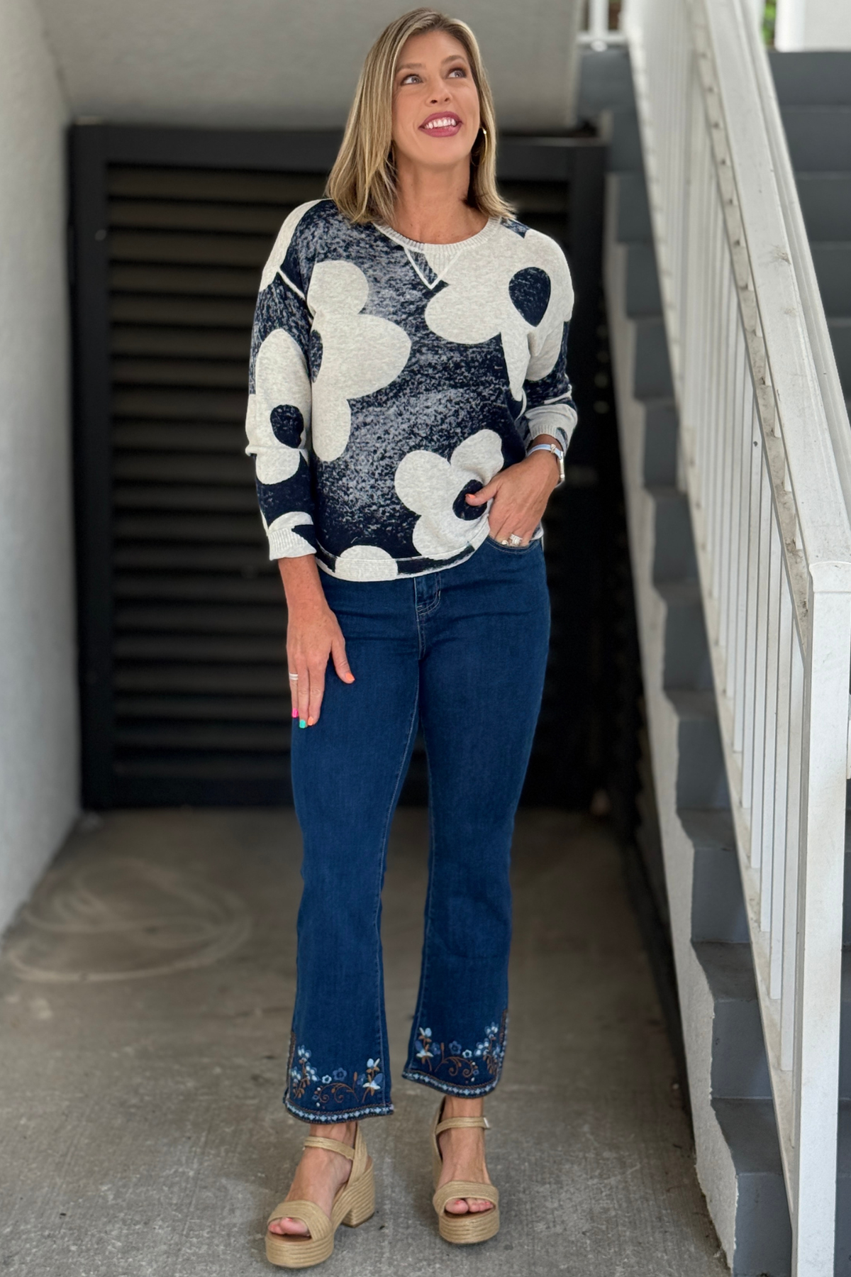 Charlie B Embroidered Hem Flare Jeans in Denim Blue