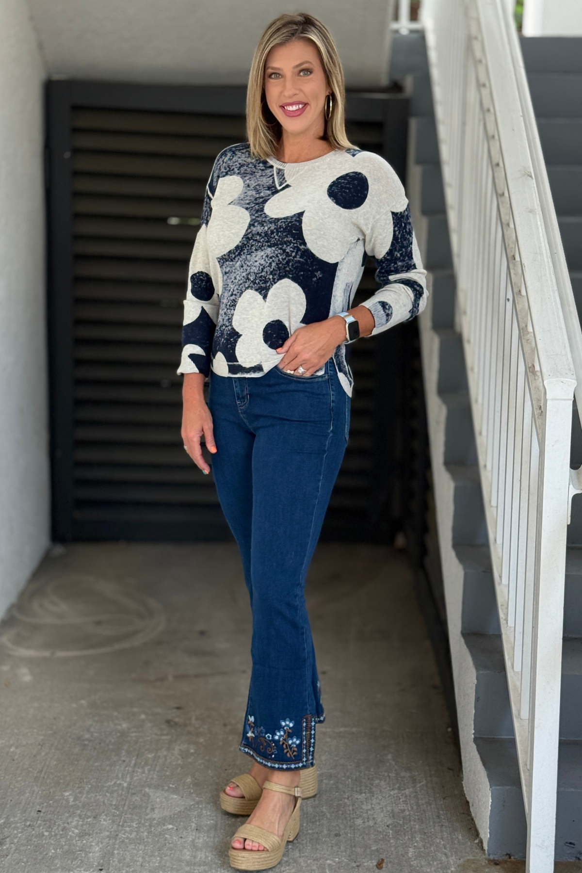 Charlie B denim jeans with floral embroidered hem and side slits