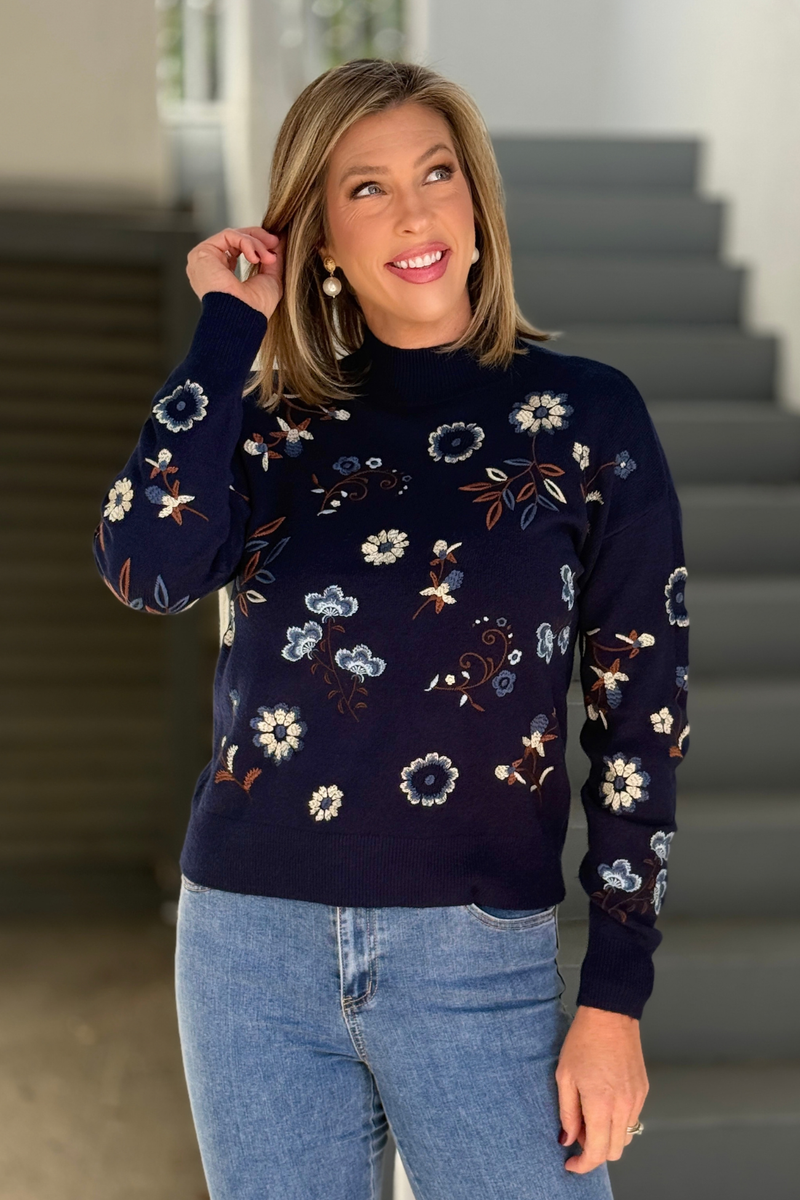 Charlie B navy floral embroidered mock neck sweater