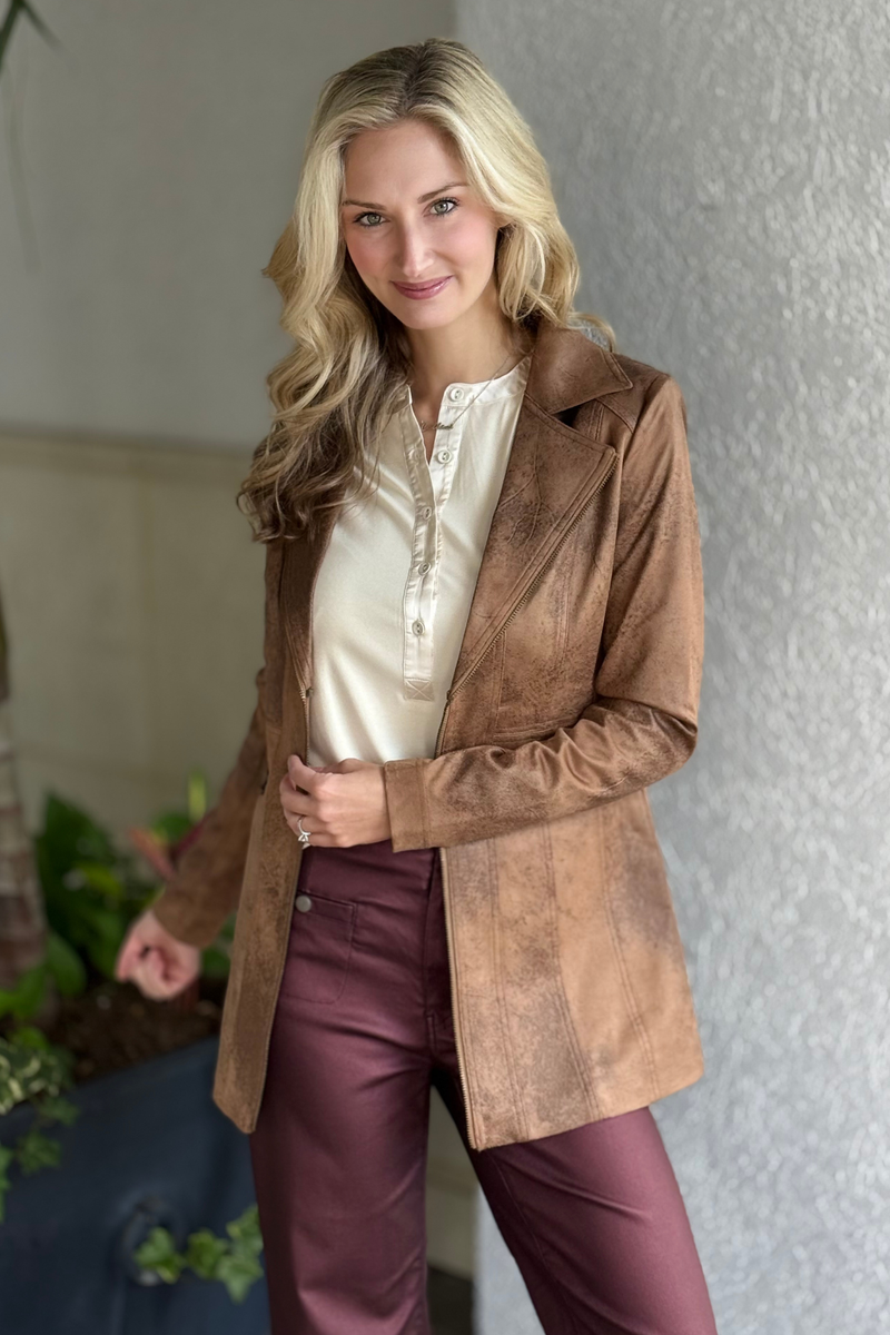 Vintage-inspired brown faux suede jacket with lapel collar