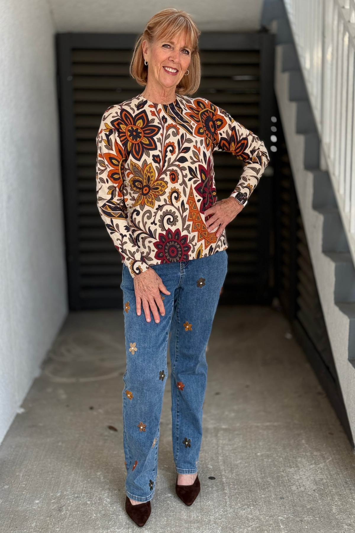 Women's Charlie B straight leg jeans with floral embroidery