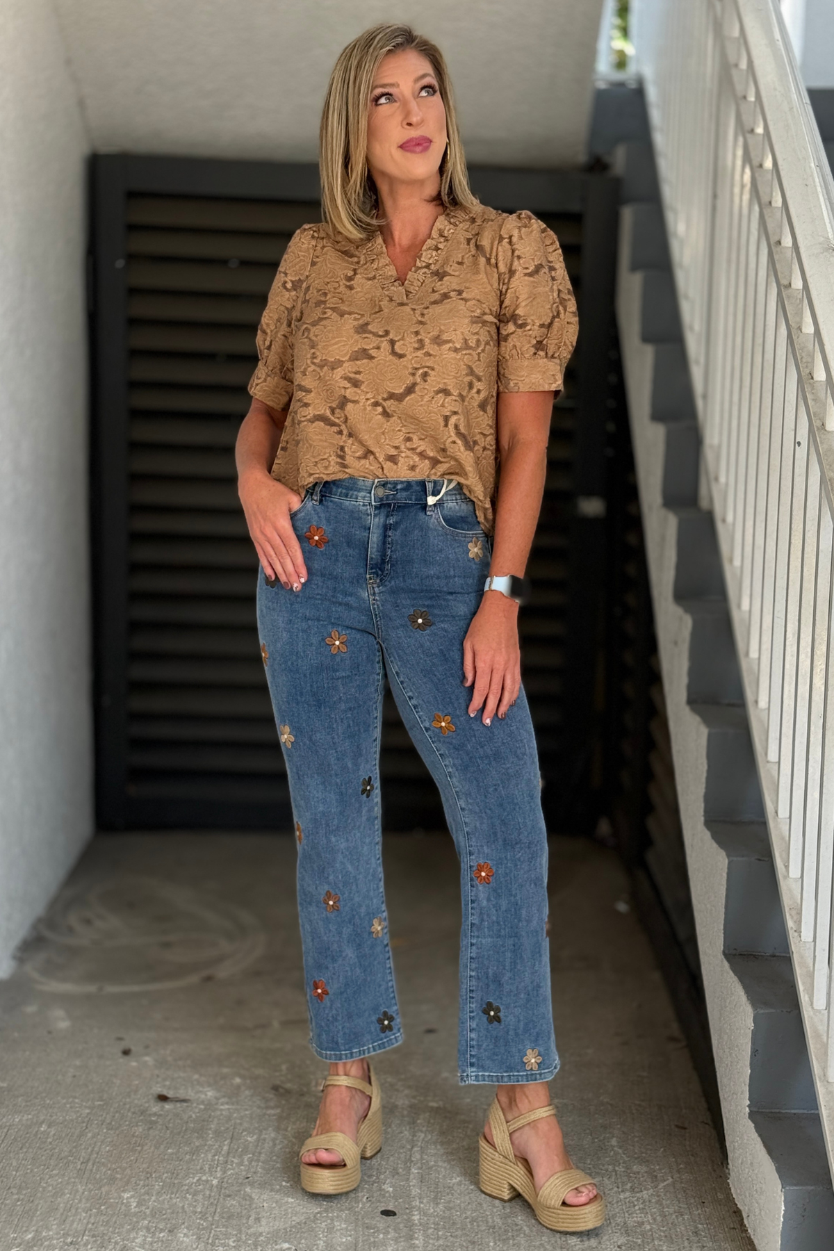 Charlie B embroidered straight leg denim with colorful flowers
