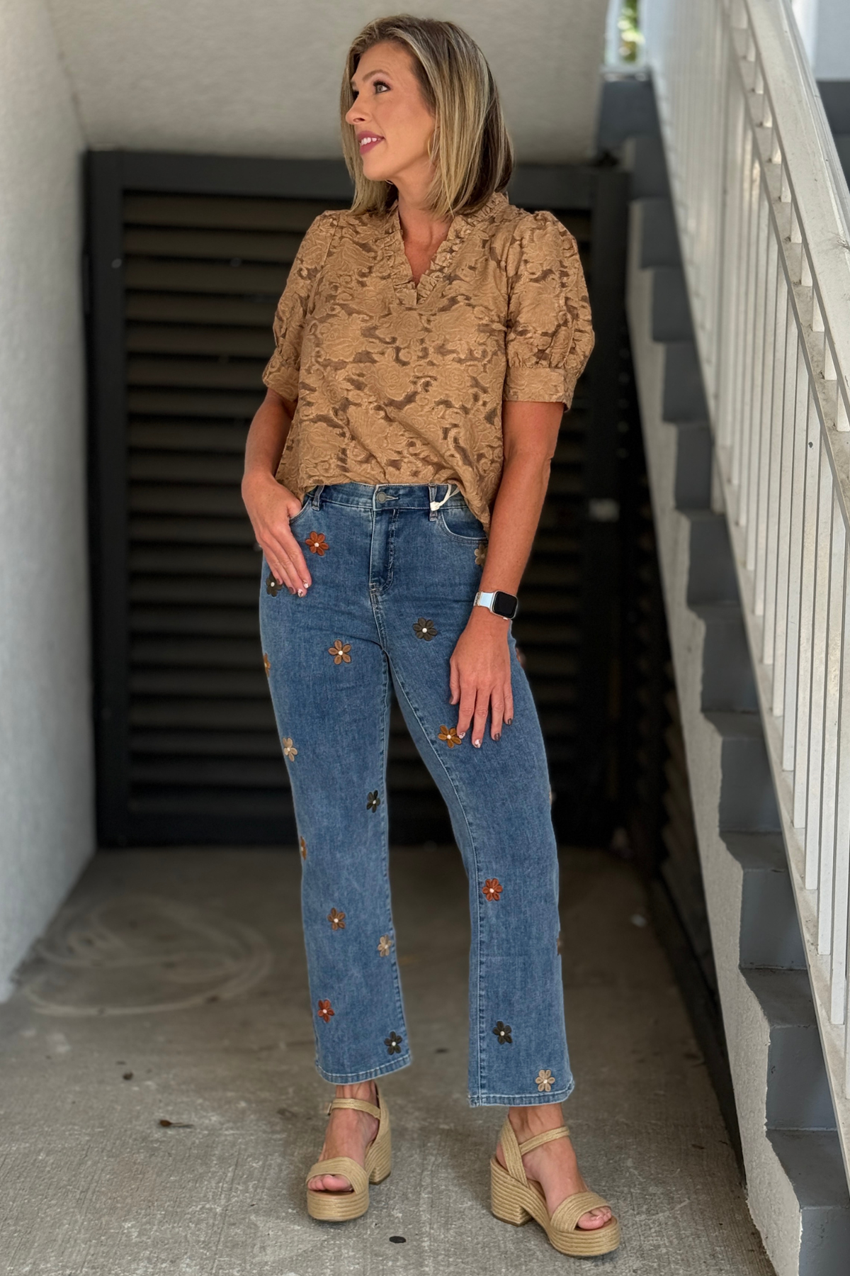 Charlie B Floral Embroidered Straight Leg Jeans in indigo on model