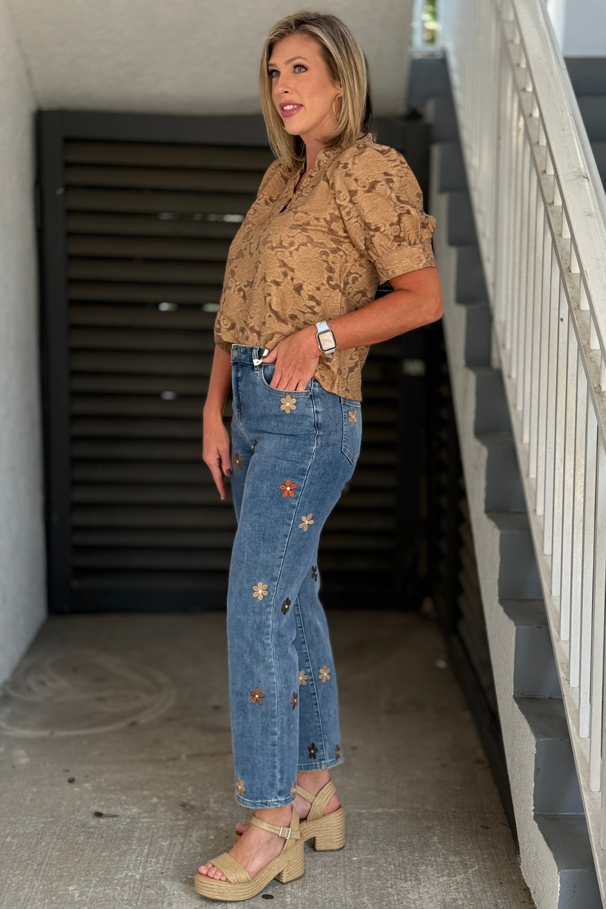 Back view of Charlie B Floral Embroidered Straight Leg Jeans