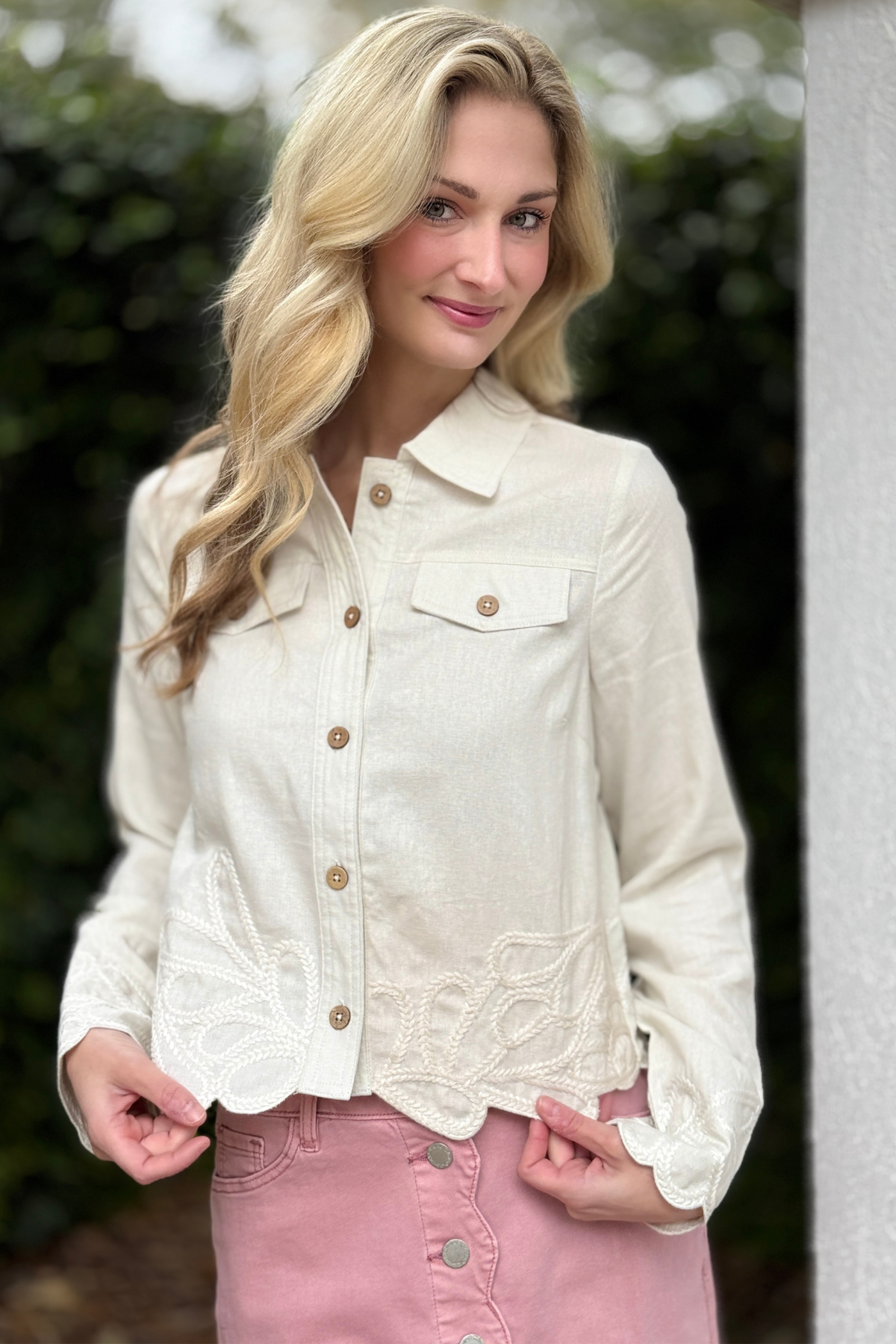 Natural linen blend jacket with tone-on-tone embroidery detail