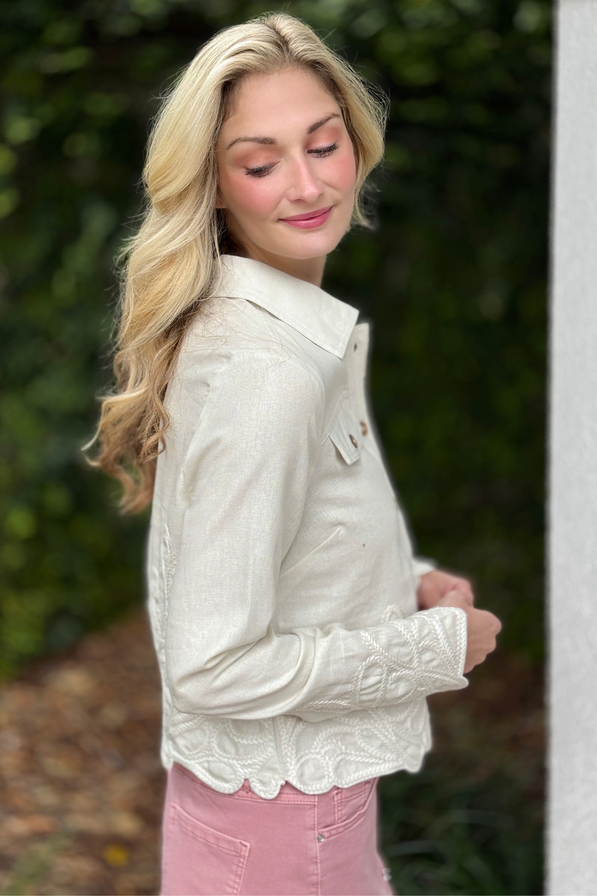 Charlie B off white spring jacket styled with pink denim skirt