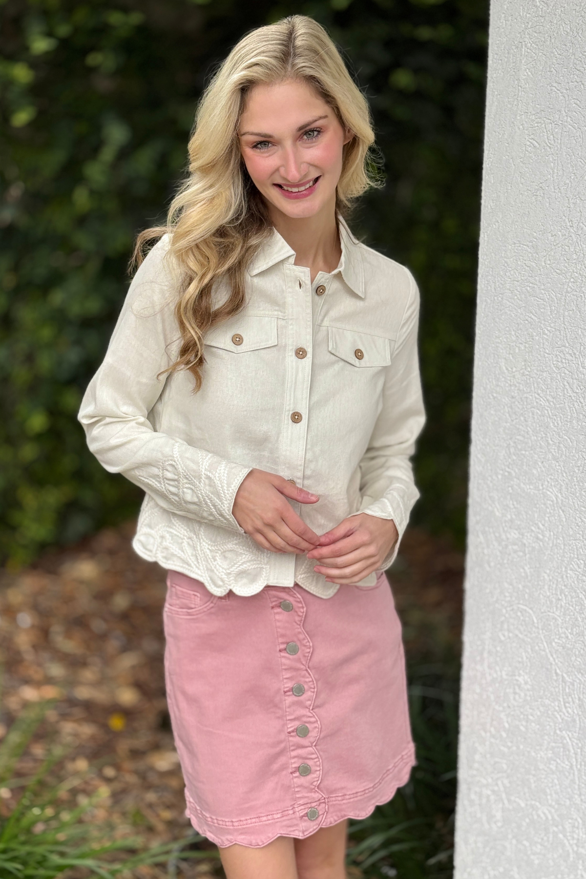 Charlie B embroidered hem linen blend jacket in natural front view