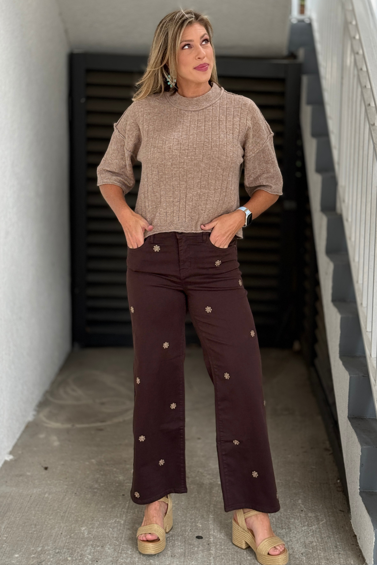 Women’s chocolate brown wide leg pants with floral embroidery