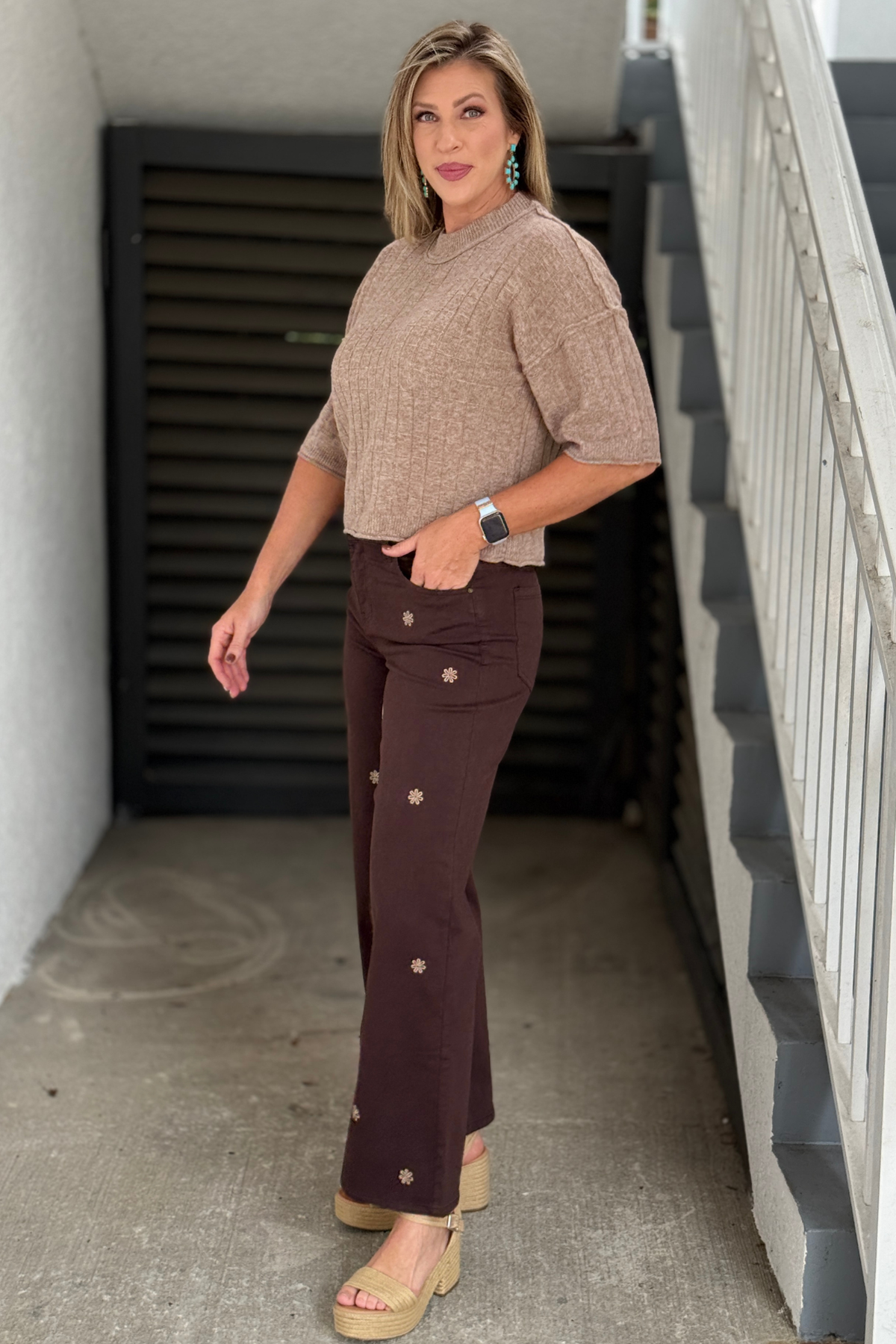 Charlie B embroidered Coffee twill pants styled with taupe sweater