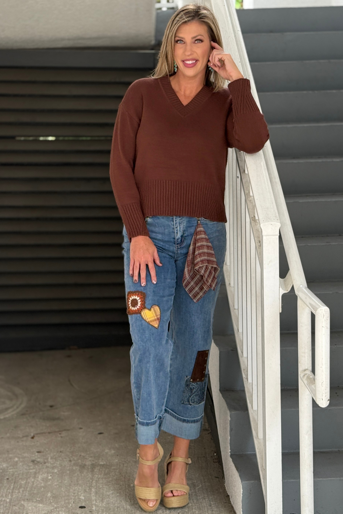 Charlie B Patch Detail Cuffed Straight Jeans in Medium Blue front view