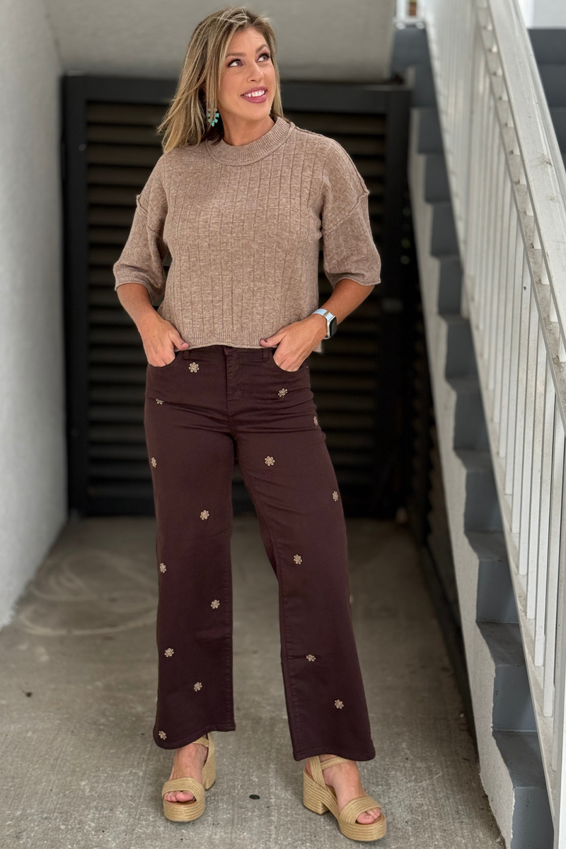 Charlie B Coffee embroidered wide leg twill pants front view