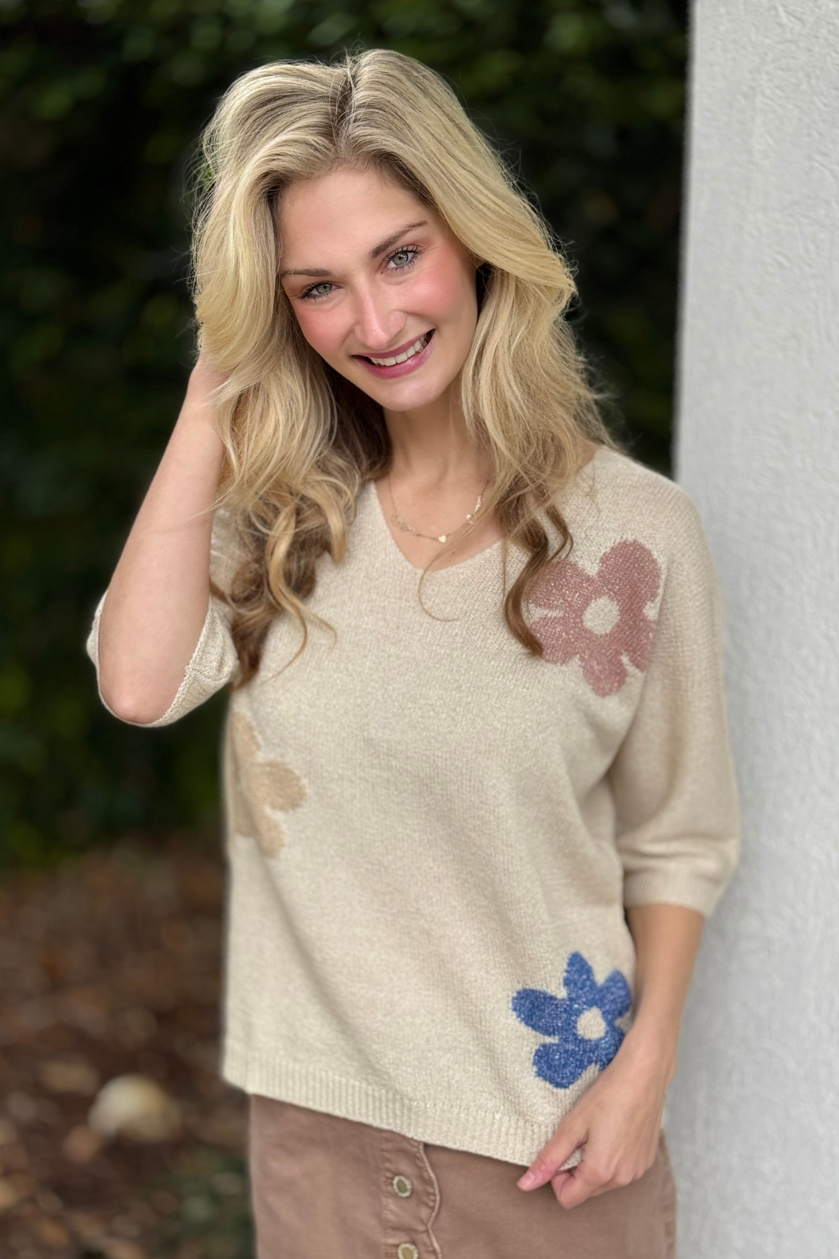 Charlie B lightweight knit sweater with floral design