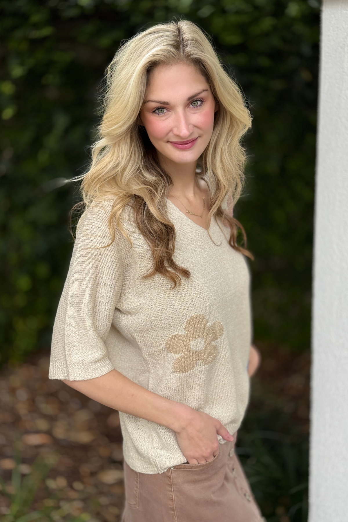 Natural beige dolman sleeve sweater with lurex detail