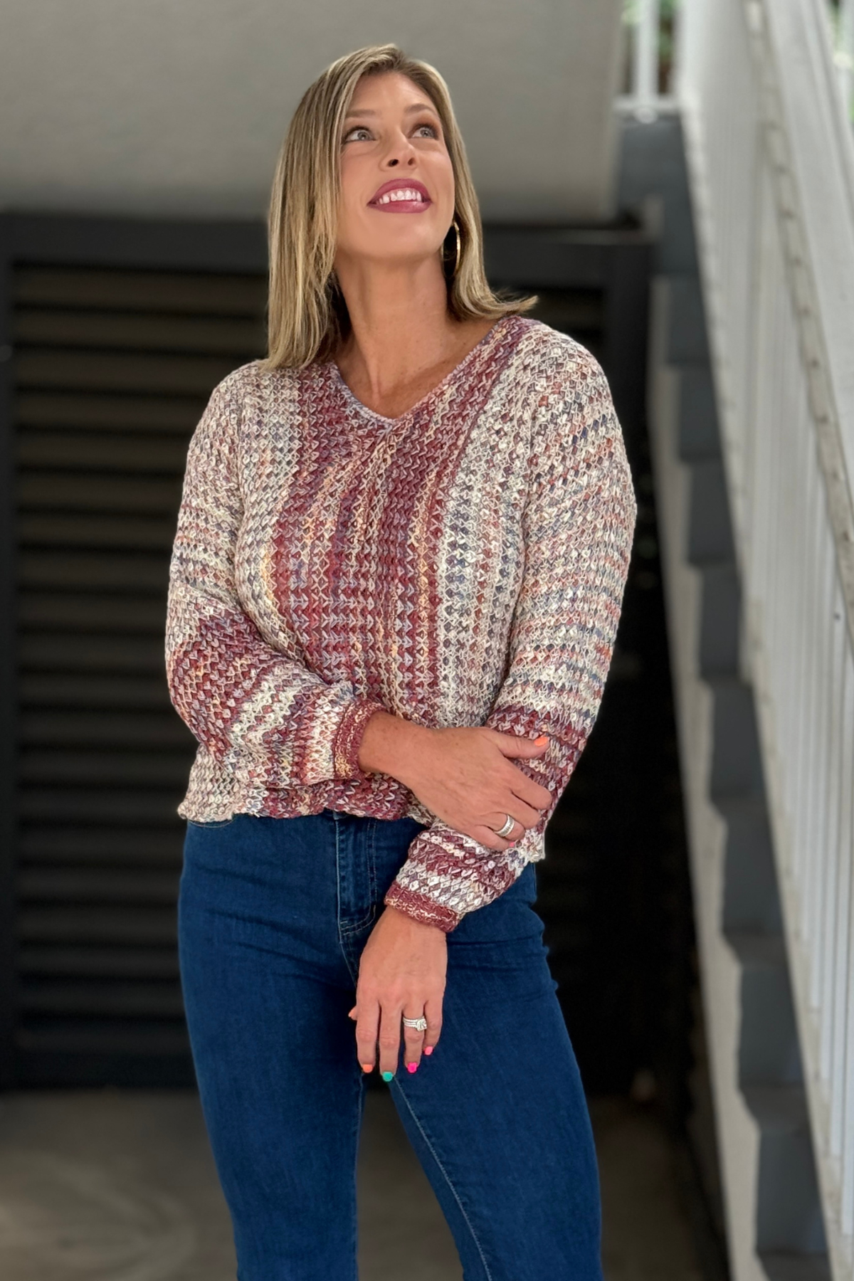 Charlie B Multicolor V-Neck Knit Sweater front view
